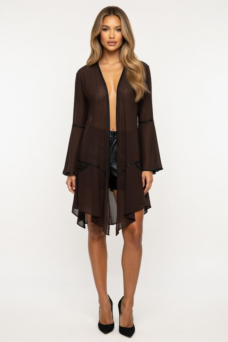 Chiffon Trumpet Sleeve Cardigan — Black