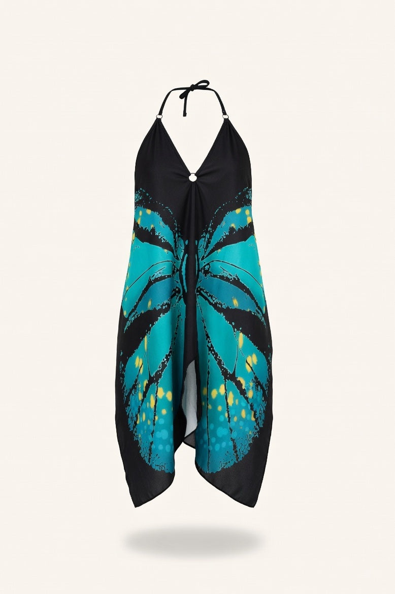 Butterfly Print Halter Dress — Peacock Blue