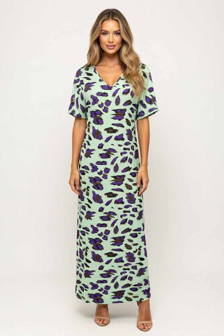 Printed V-Neck Maxi Dress — Green