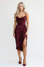 Satin Slip Dress with Side Slit — Burgundy