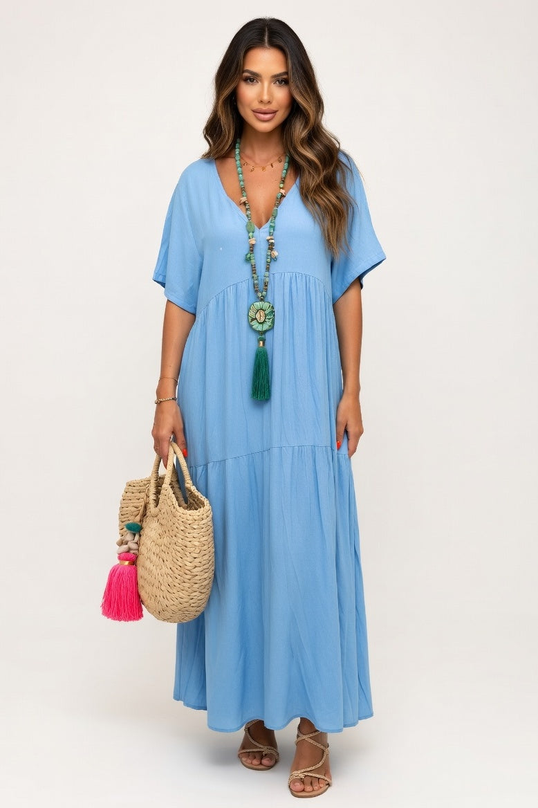V-Neck Swing Dress — Light Blue