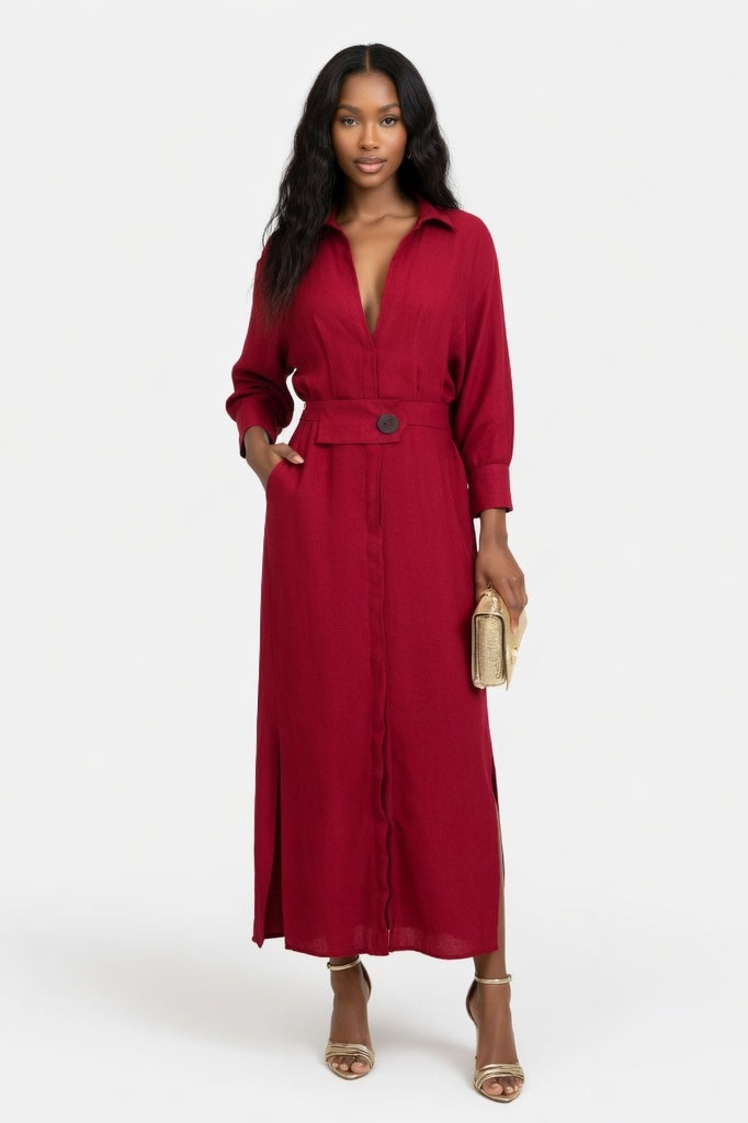 Belted Maxi Dress — Burgundy
