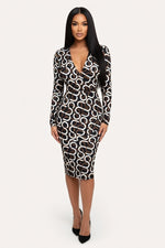 Draped Deep V Midi Dress — Digital Chain Print