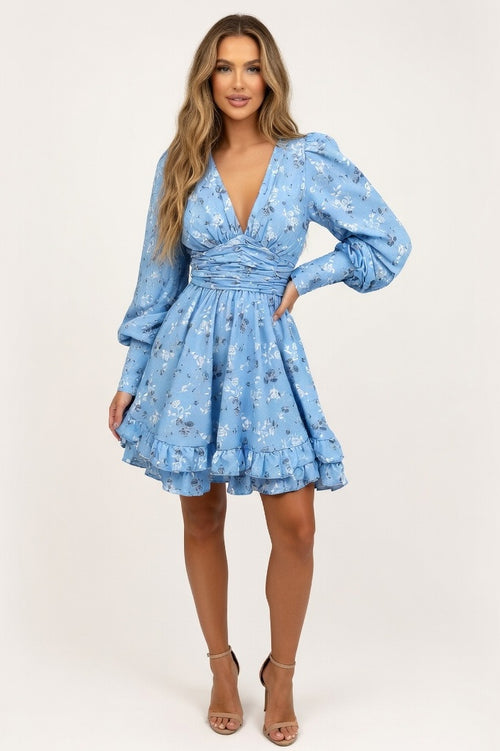 Printed Pleated V-Neck Dress — Blue