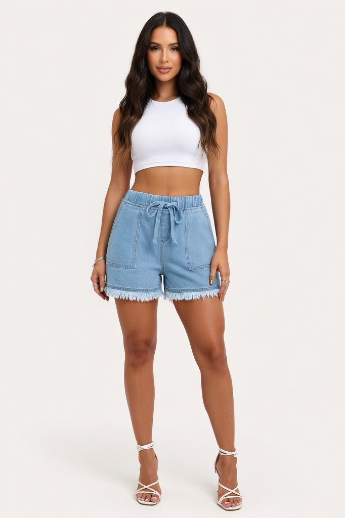 Raw Edge Denim Shorts — Light Blue