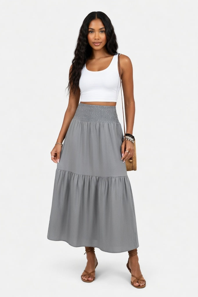 Floral A-Line Midi Skirt — Grey