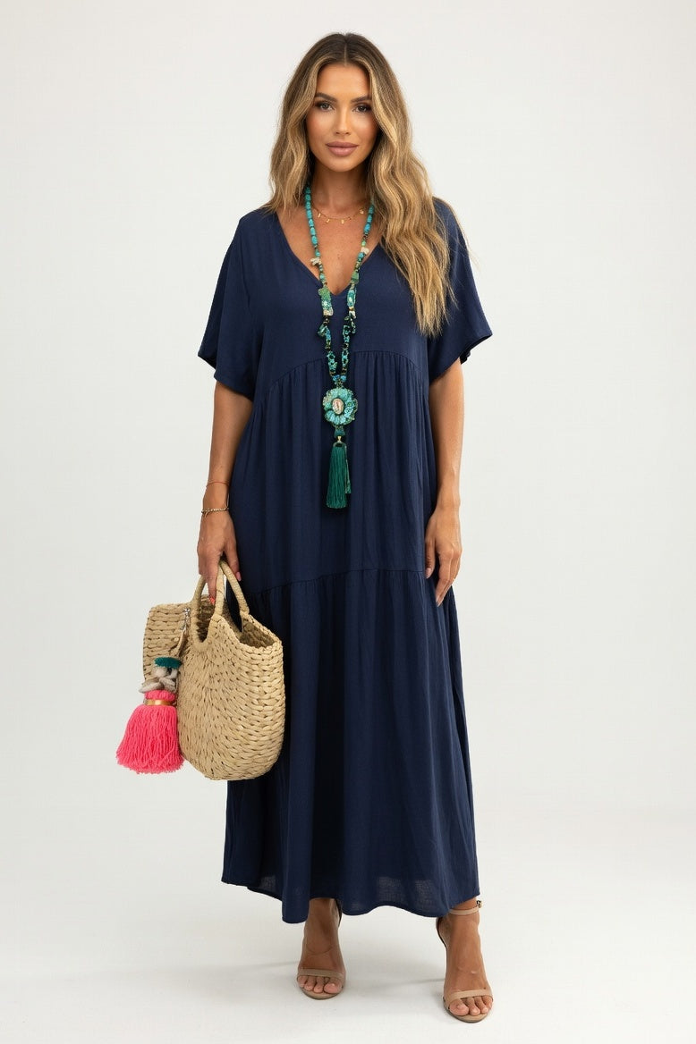 V-Neck Swing Dress — Dark Blue