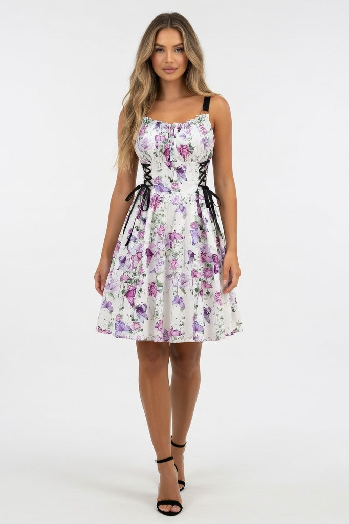 Printed Halter Dress with O-Ring Detail — Purple Floral