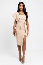 Off Shoulder Bodycon Dress with Side Slit — Khaki