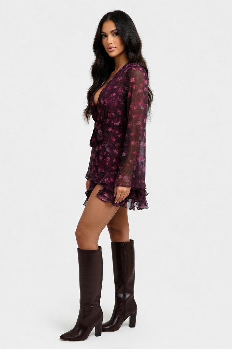 Floral Print Deep V Midi Dress — side view
