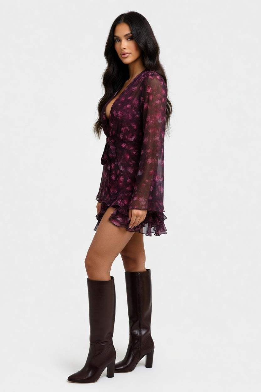 Floral Print Deep V Midi Dress — side view