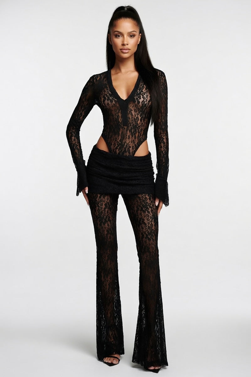 Lace Deep V Top & Flare Trouser Co-ord — front view