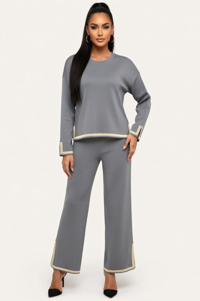 Contrast Detail Knit Co-ord Set — Grey