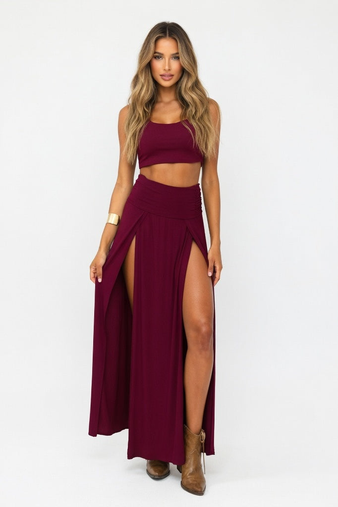 Front Split Maxi Skirt — Burgundy