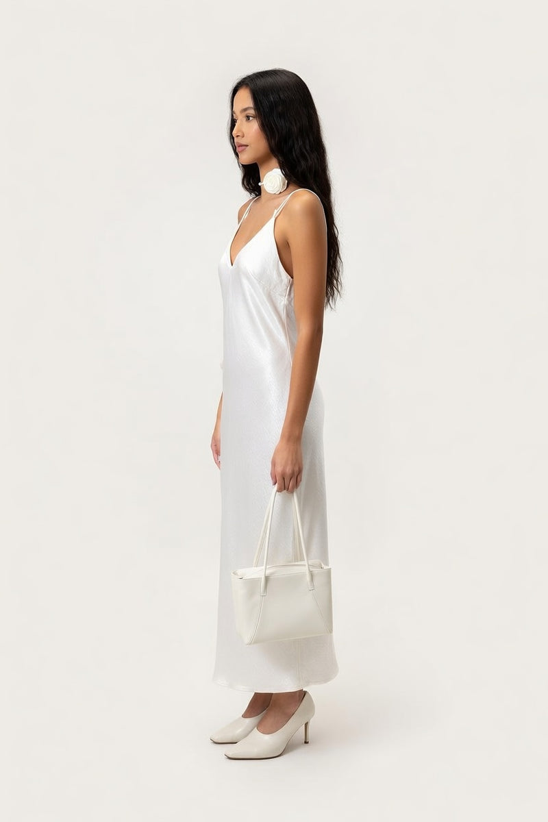 Satin V-Neck Lace Splice Dress — side view