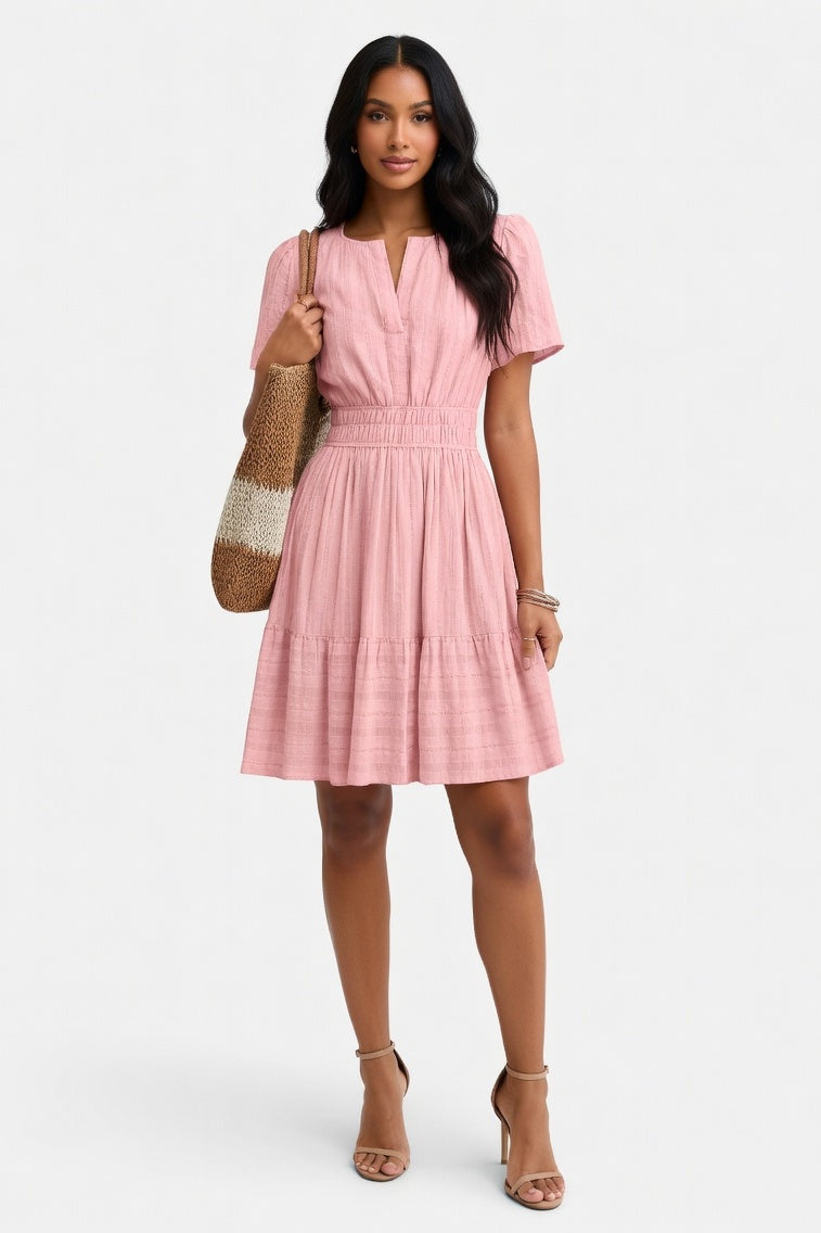 V-Neck Pleated Swing Dress — Pink