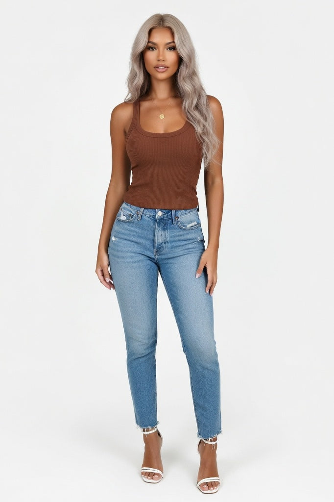 Cotton Blend Round Neck Vest — Khaki