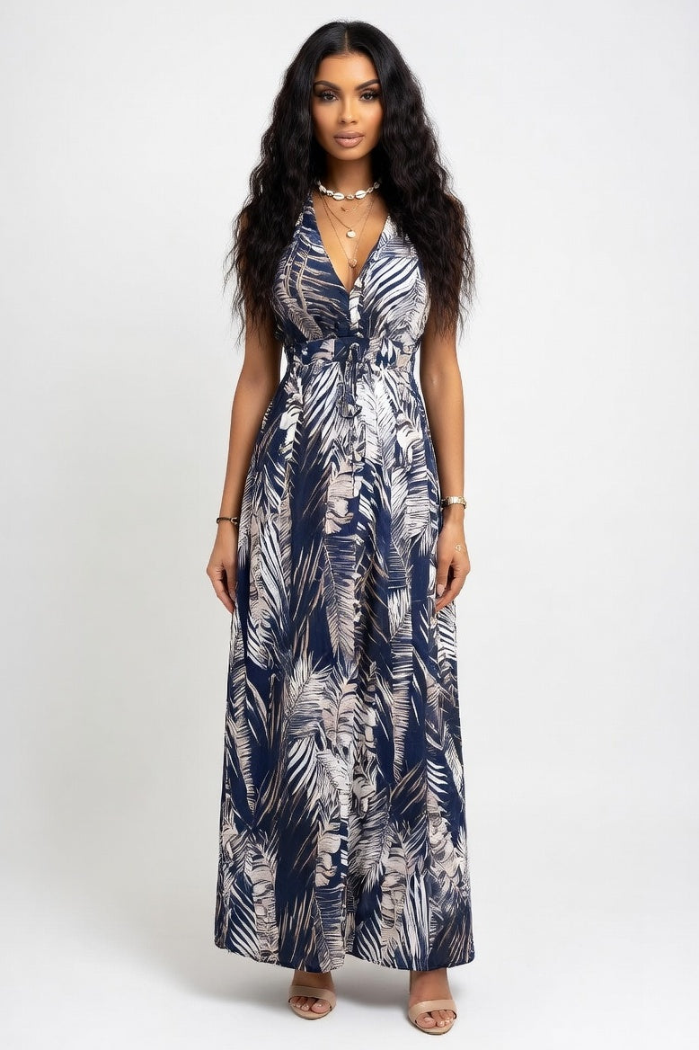 Printed Open Back Strap Dress — Blue Print