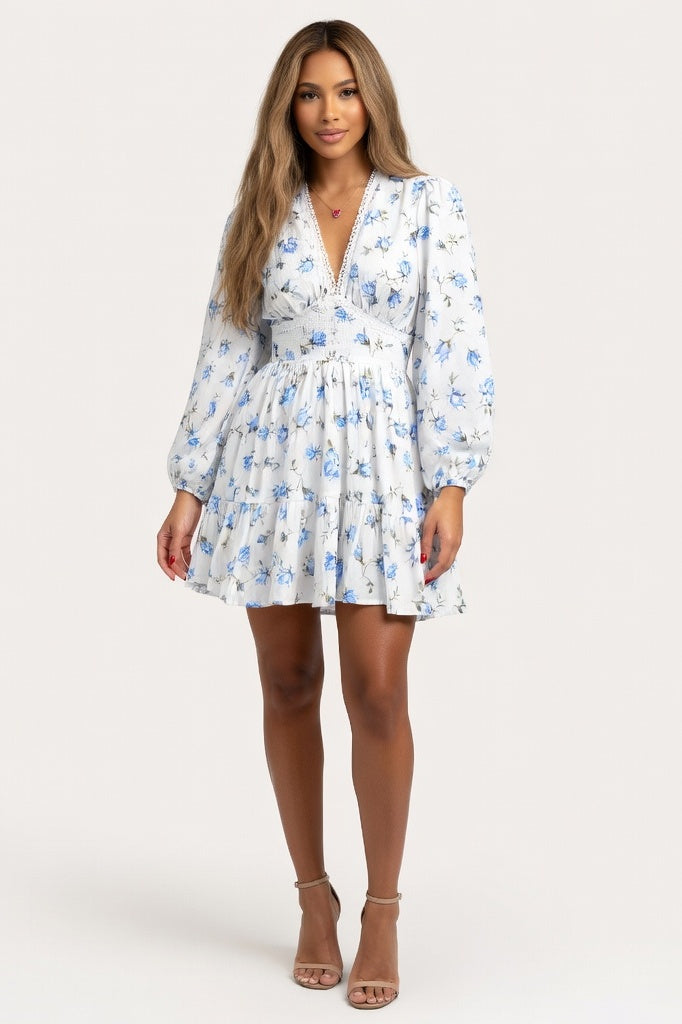 Printed V-Neck Lace Trim Dress — Blue