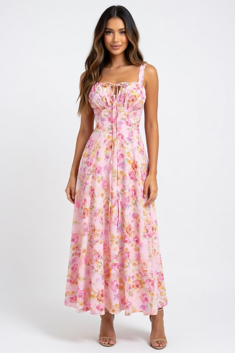 Printed Halter Maxi Dress — Pink Base Pink Floral