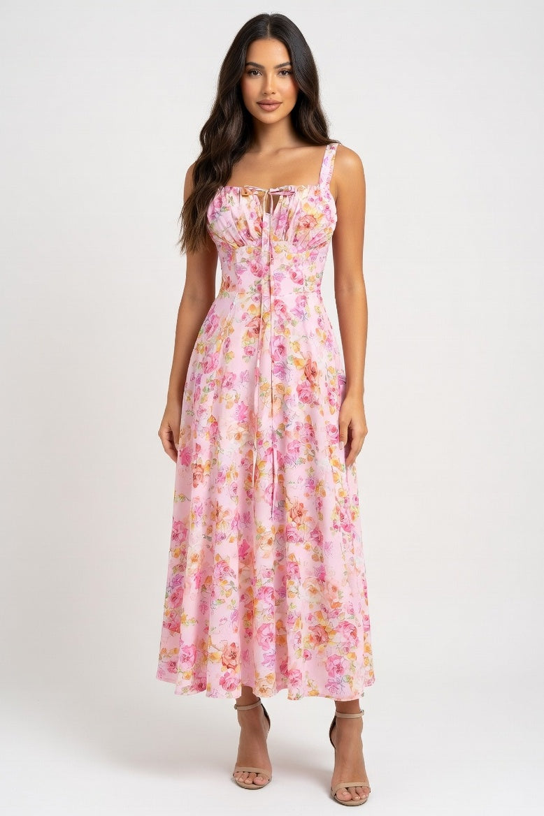 Printed Strappy Midi Dress — Pink Base Pink Floral