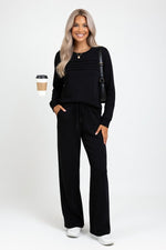 Ribbed Top & Wide Leg Trouser Set — Black