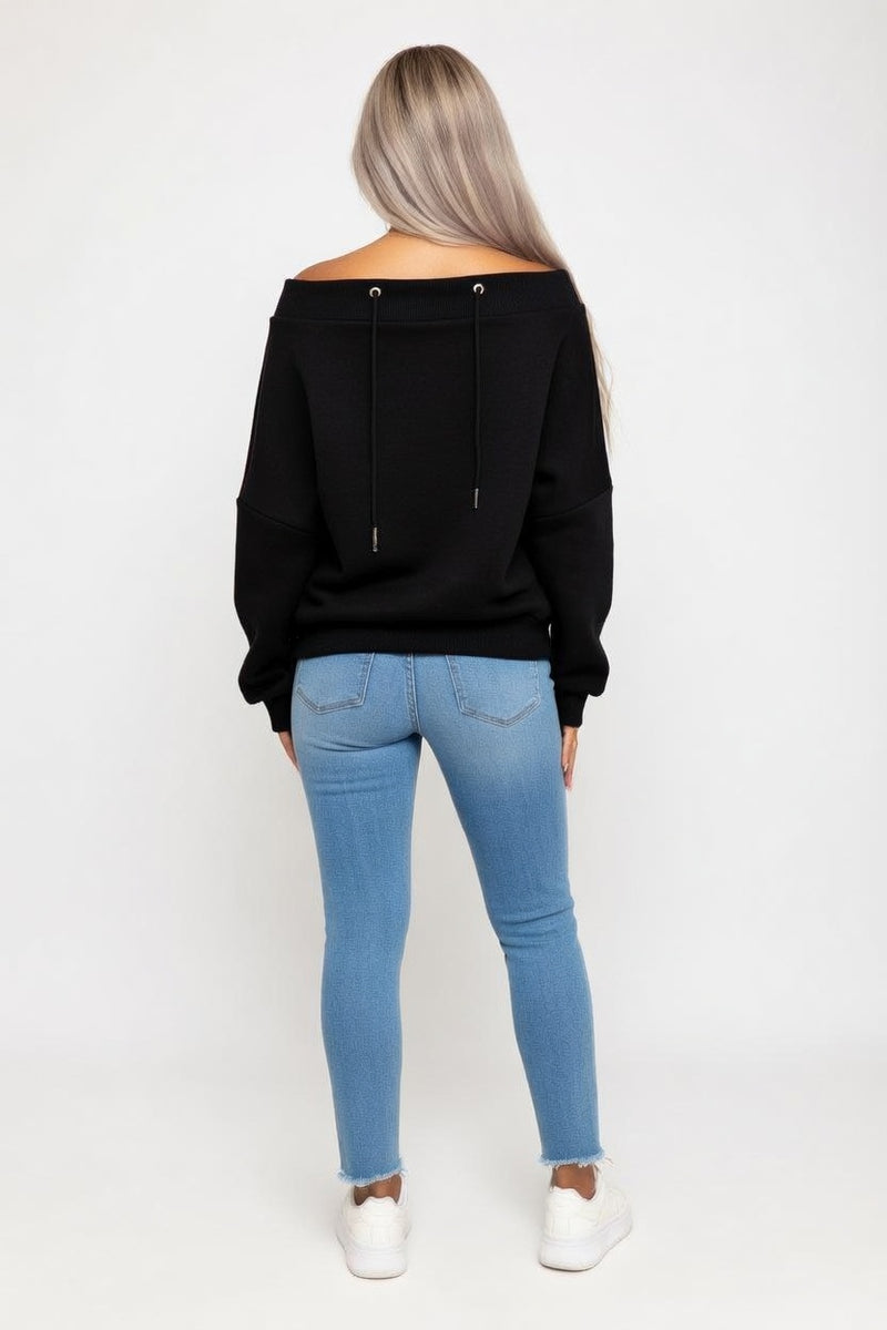 Off-Shoulder Drawstring Sweatshirt — back view