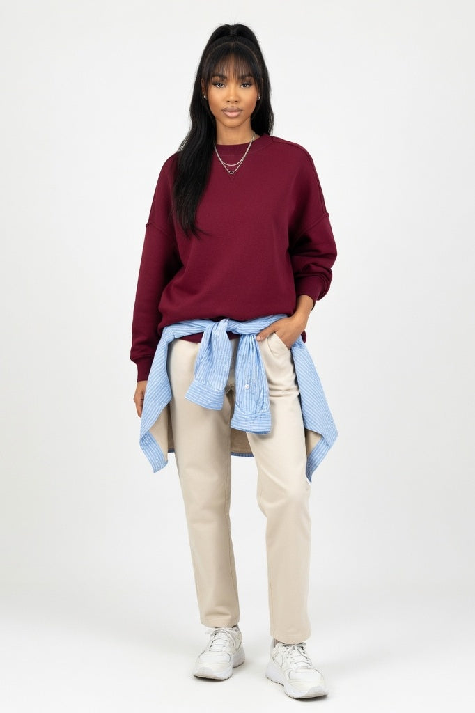 Round Neck Cotton Sweatshirt — Burgundy
