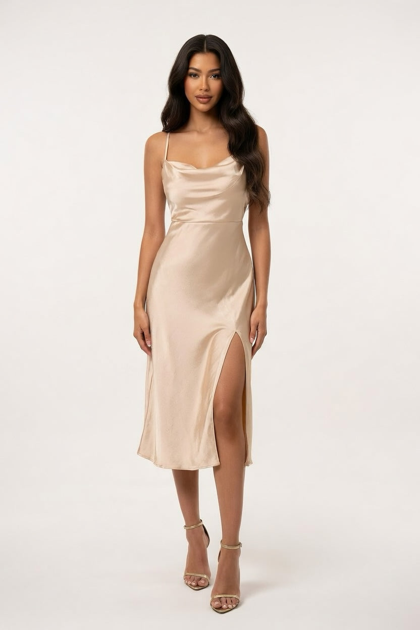 Satin Slip Dress with Side Slit — front view