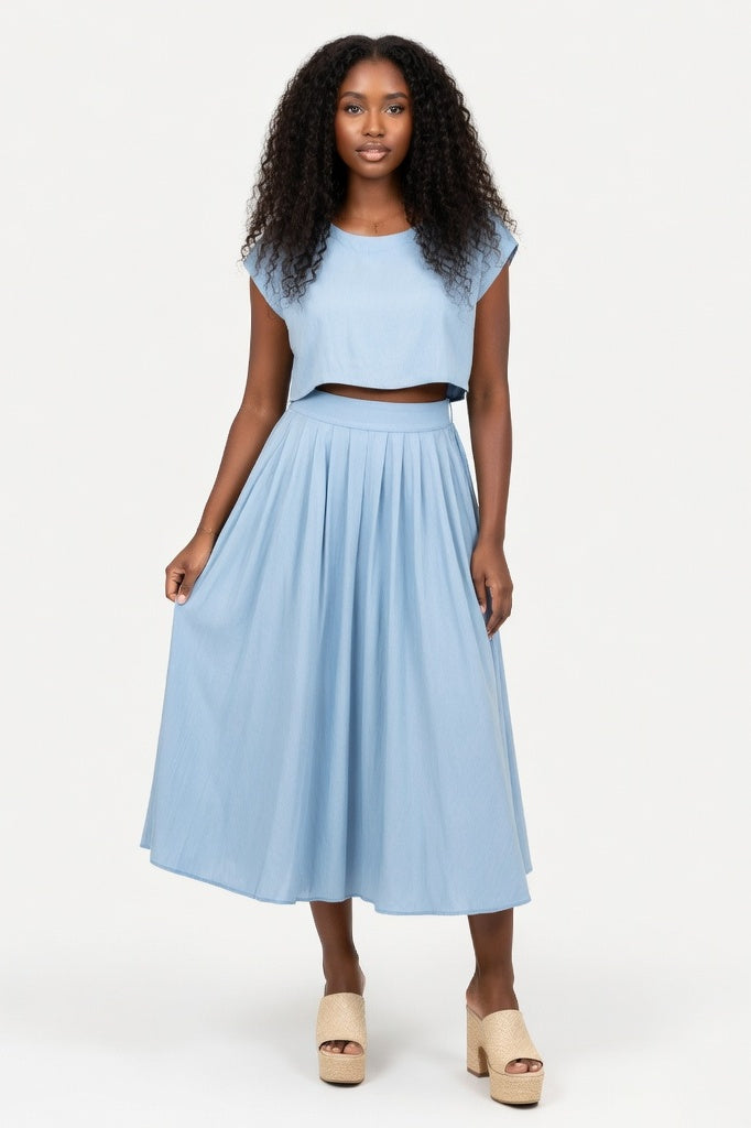 Crop Top & Pleated Midi Skirt Co-ord — Blue