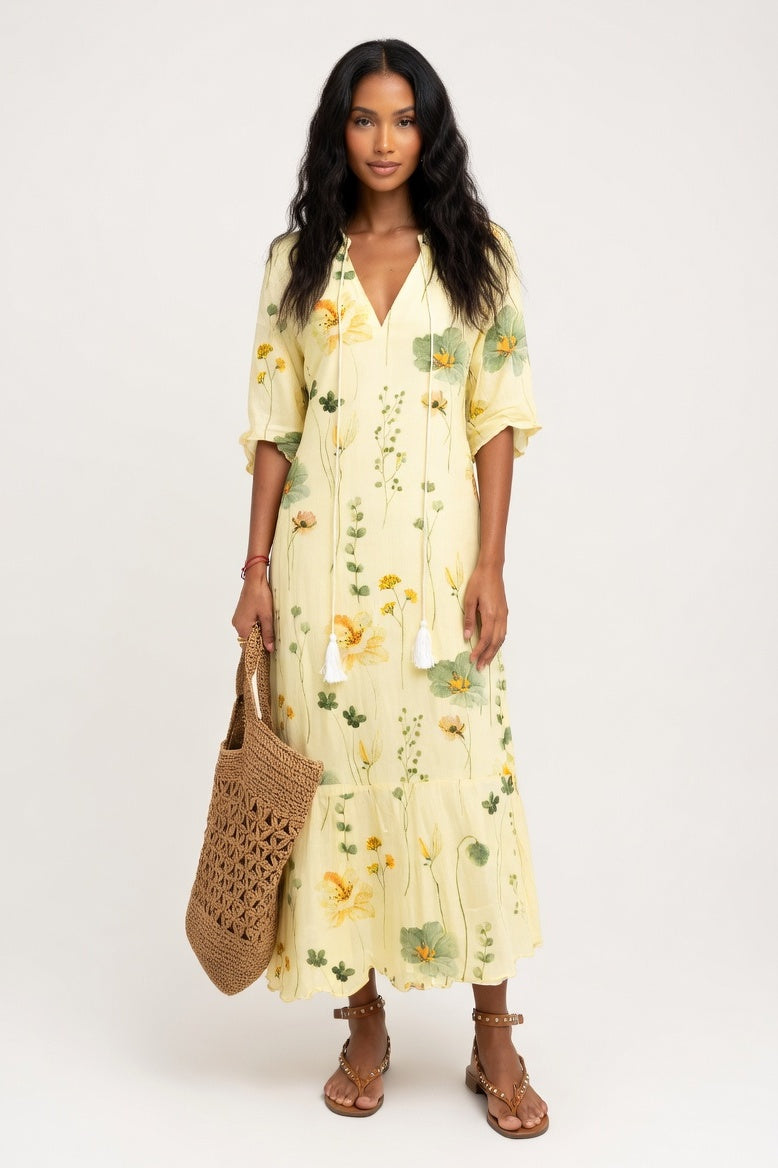 Printed V-Neck Midi Dress — Light Yellow