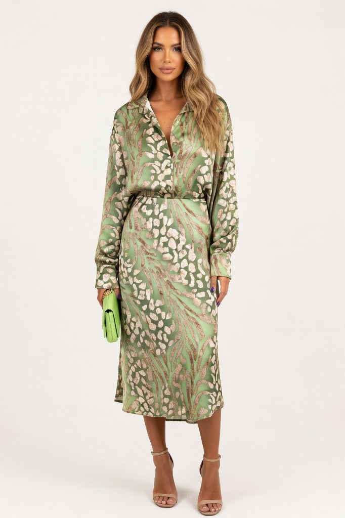 Printed V-Neck Shirt and Skirt Co-ord — Green
