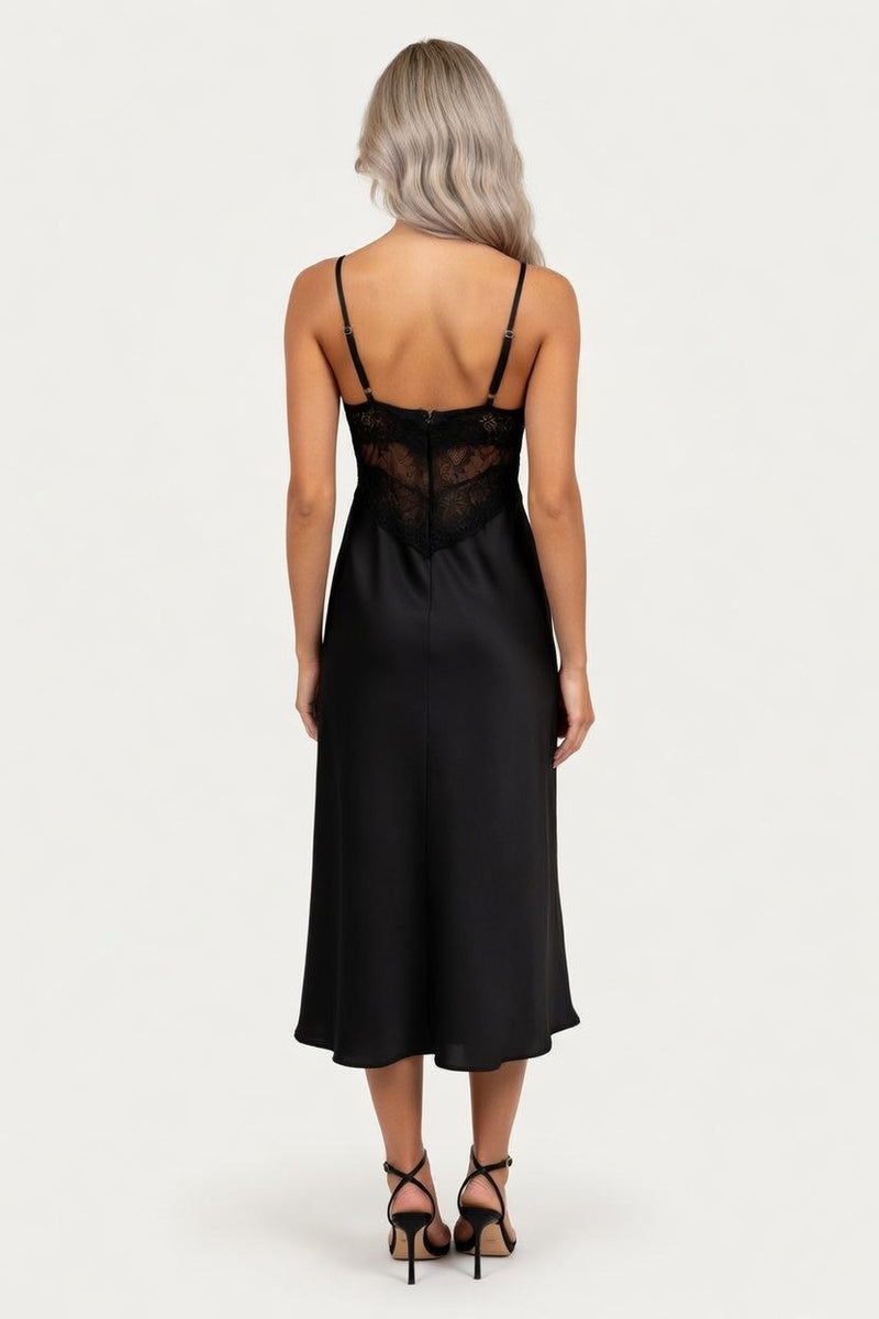 Satin Slip Dress with Lace Trim — back view