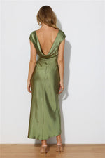 Satin One Shoulder Fishtail Dress — Olive — colour variant