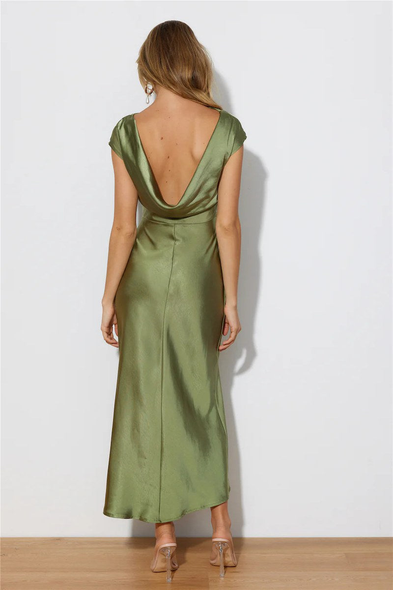 Satin One Shoulder Fishtail Dress — Olive — colour variant