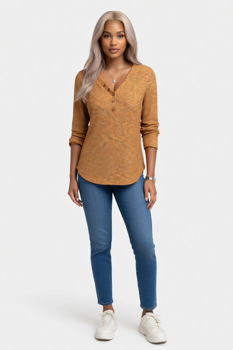 V-Neck Long Sleeve Pullover — Caramel