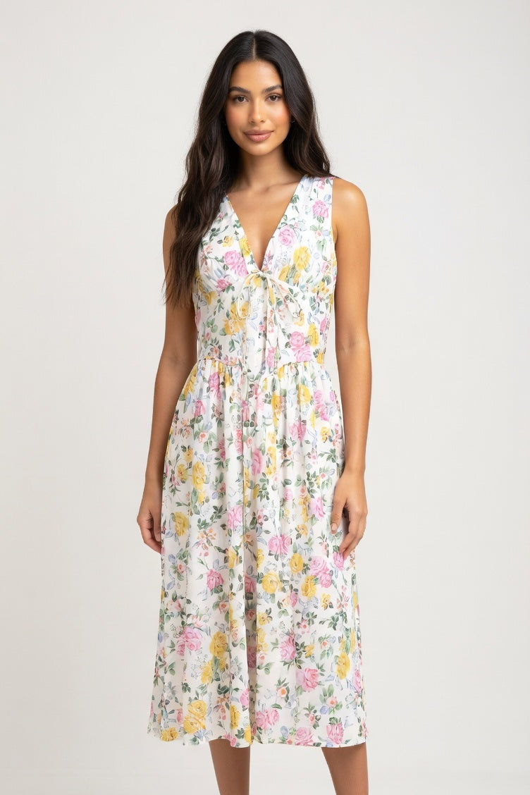 V-Neck Printed Halter Dress — White