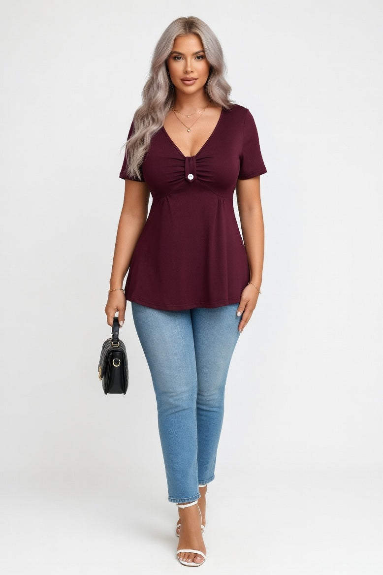 V-Neck Brushed Tee — Burgundy