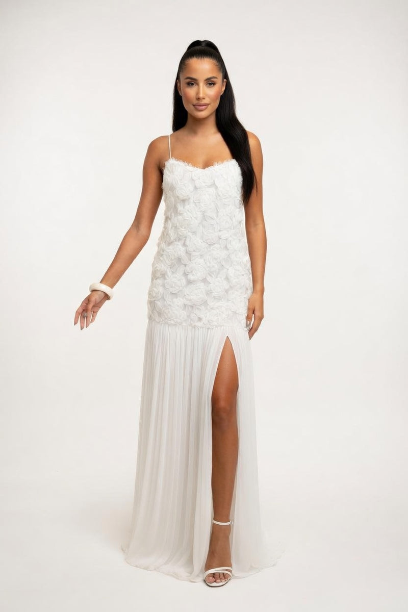 Rose Detail Ruffle Halter Dress — White Short