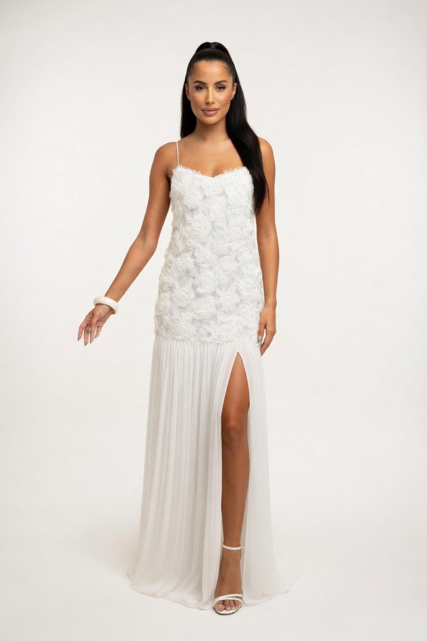 Rose Detail Ruffle Halter Dress — White Short