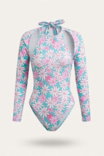 Printed Long-Sleeve Swimsuit — Blue
