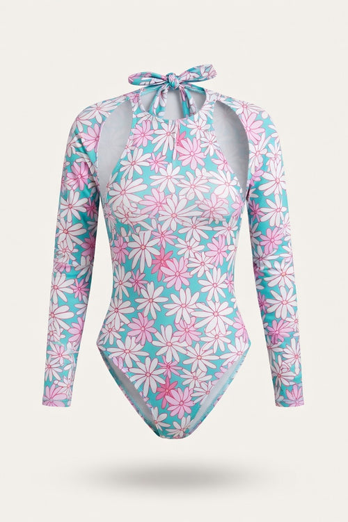 Printed Long-Sleeve Swimsuit — Blue