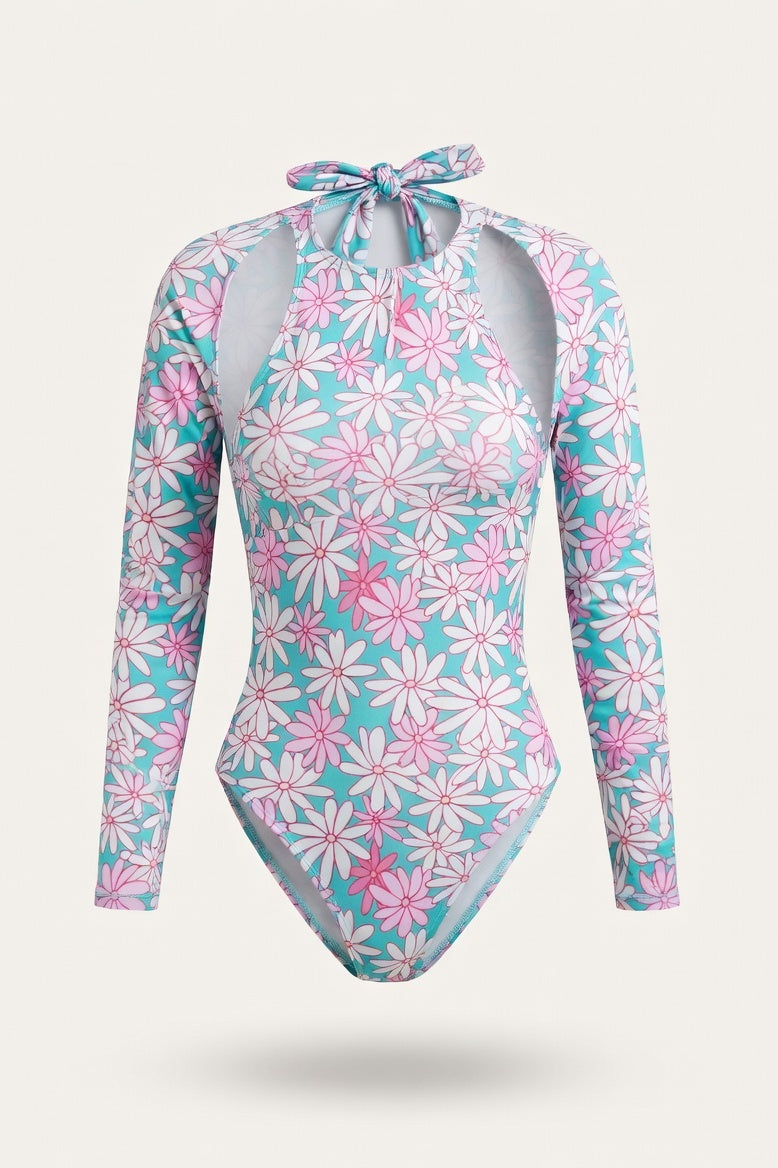 Printed Long-Sleeve Swimsuit — Blue
