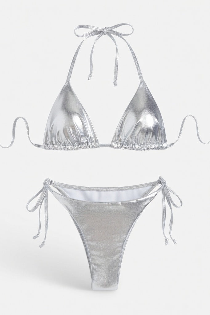 Lace-Up Bikini Set — Iridescent Silver