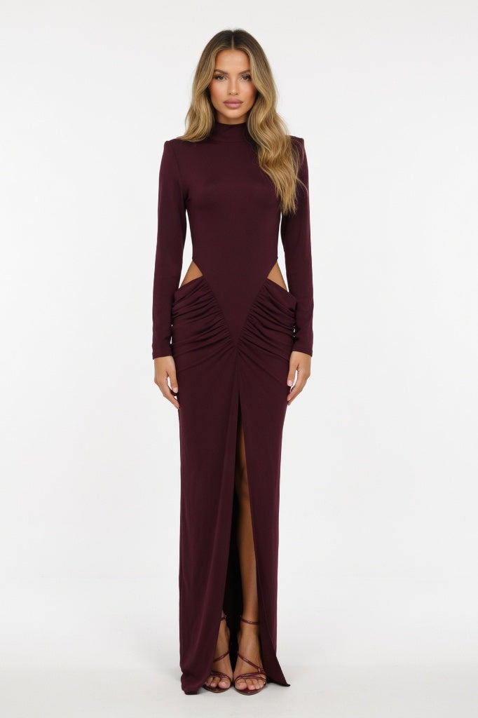 High-Neck Cutout Midi Dress — Burgundy
