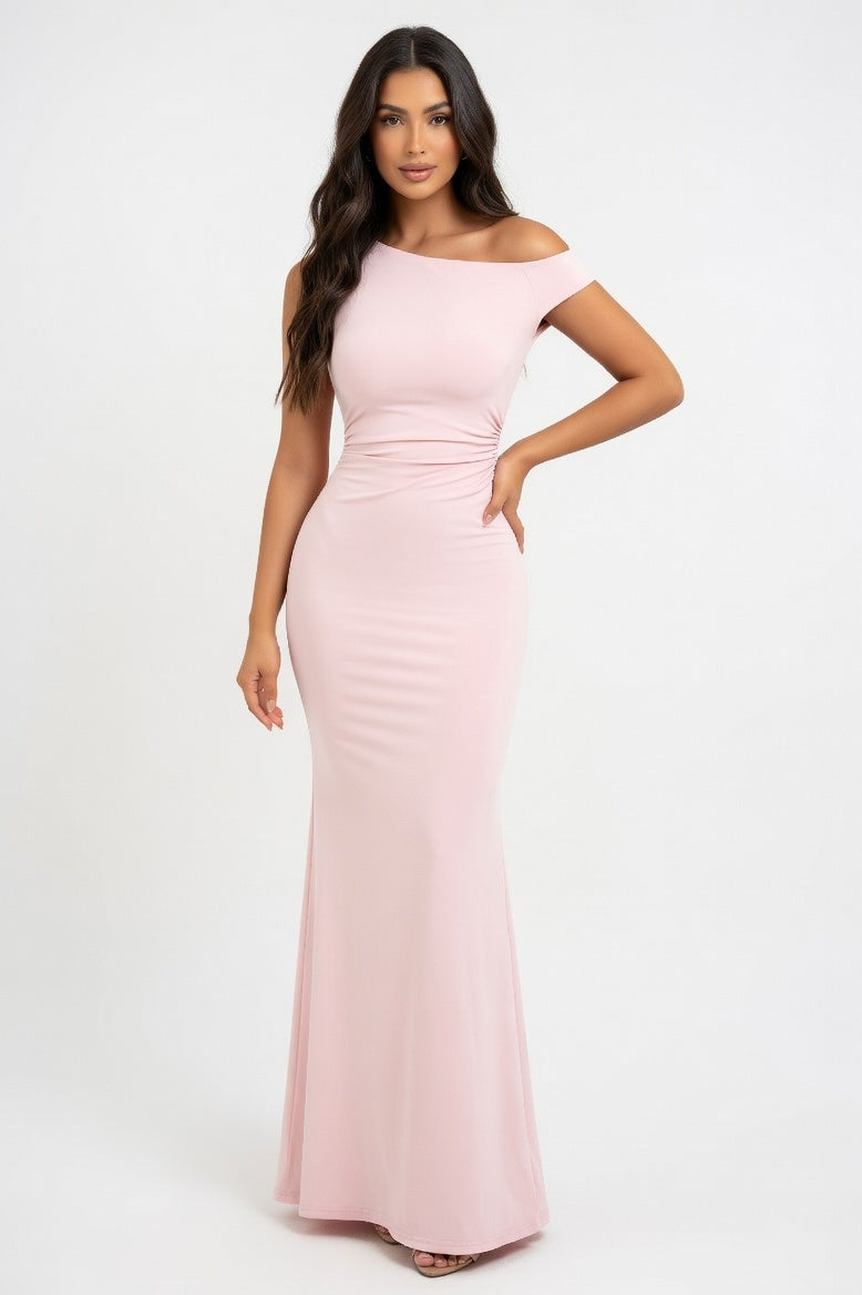 Off Shoulder Pleated Mini Dress — Pink