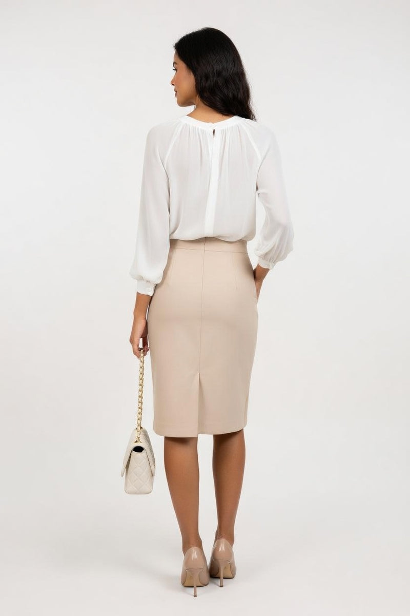 High Waisted A-Line Midi Skirt — back view
