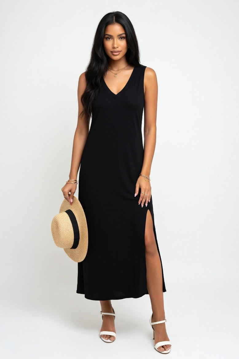 V-Neck Sleeveless Dress — Black