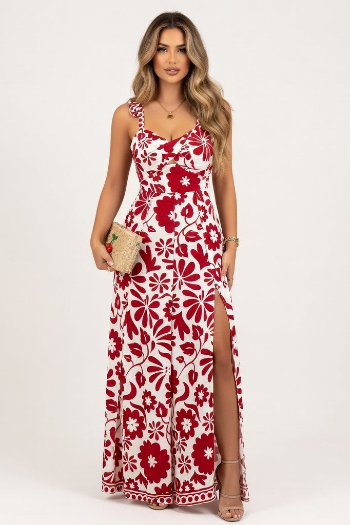 Printed Halter Wide-Leg Jumpsuit — Red