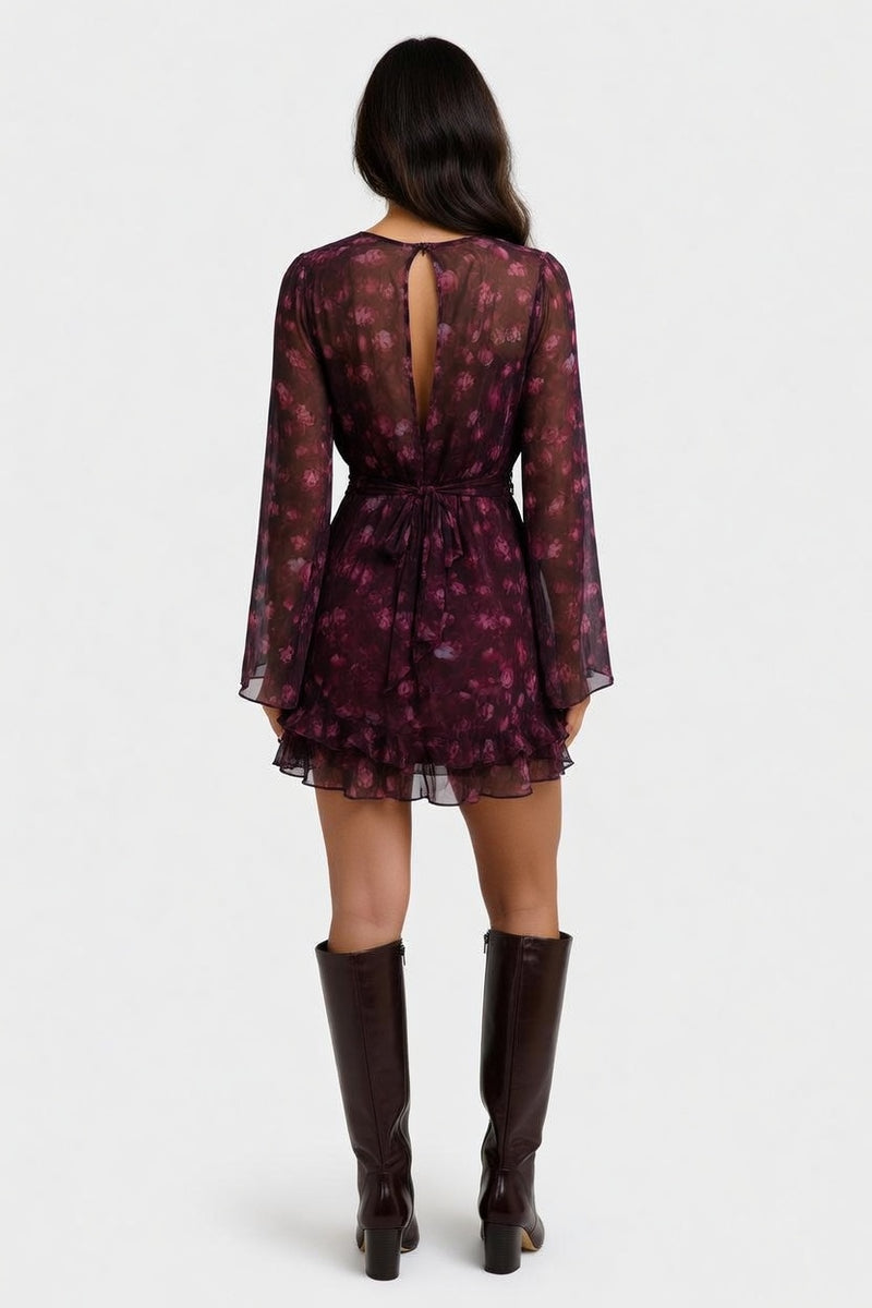 Floral Print Deep V Midi Dress — back view